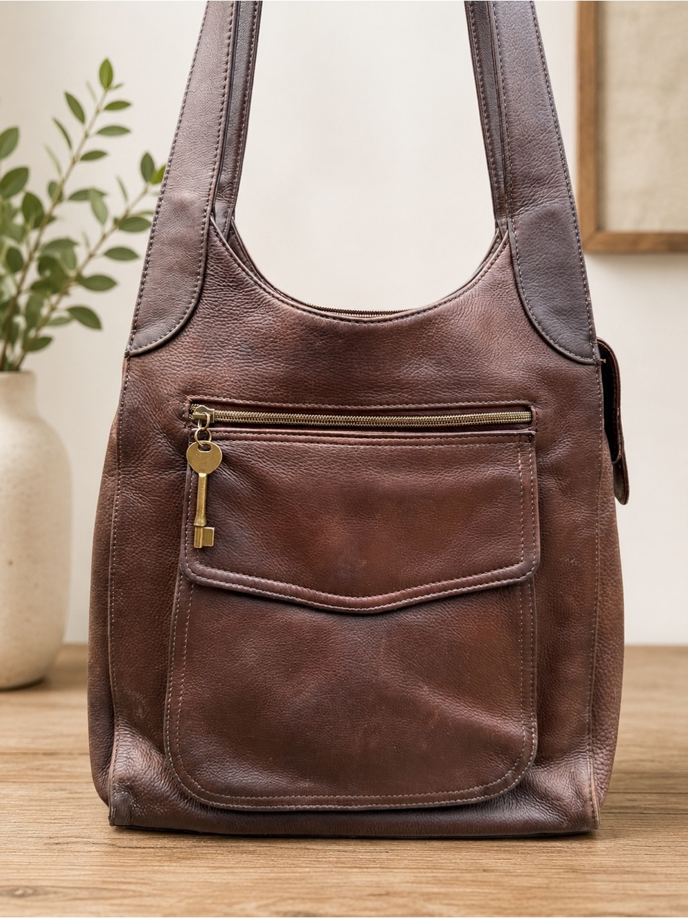 Fossil brown Genuine Leather Shoulder Bag with Key